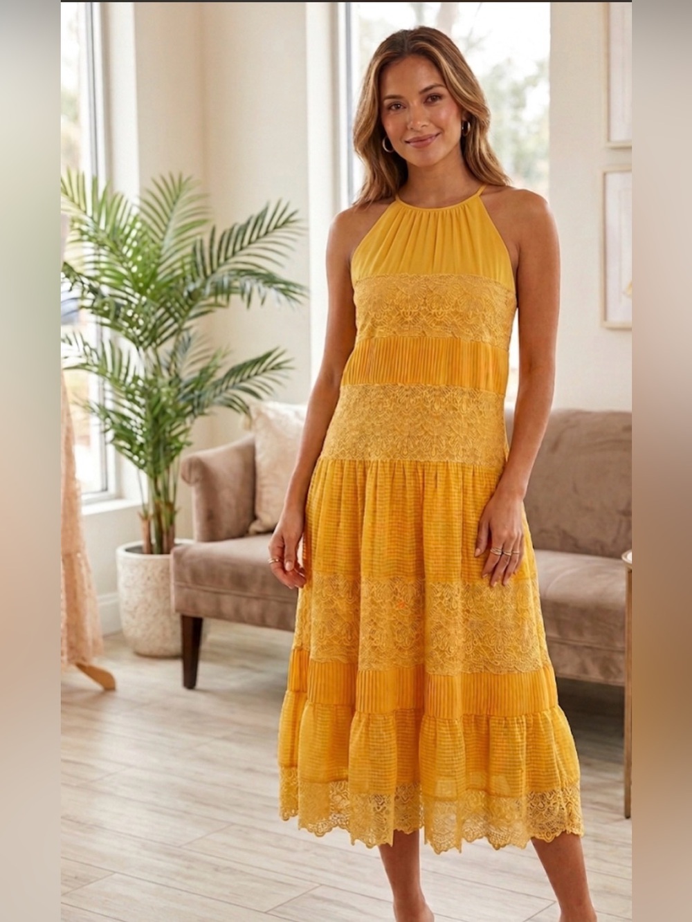HD in Paris Anthropologie Villanelle Yellow Lace Tiered Midi Dress